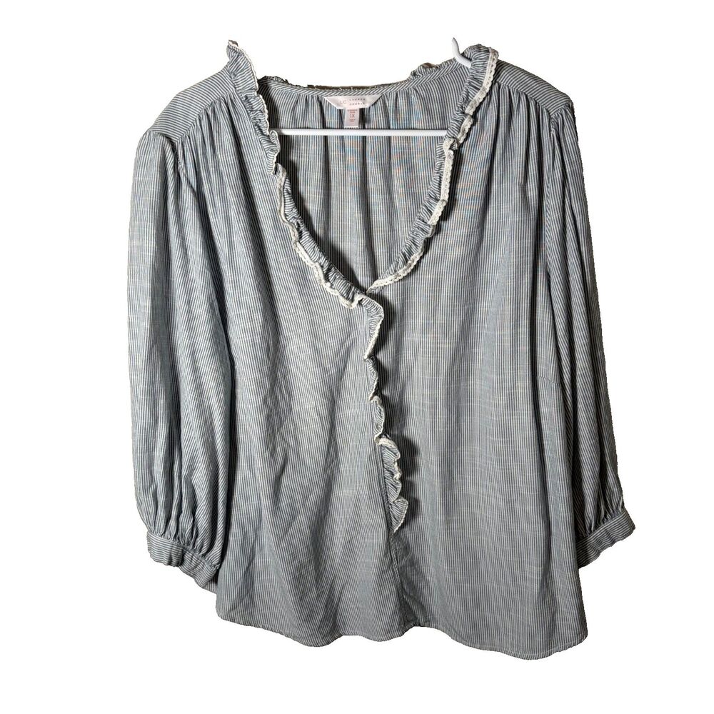 LC Lauren Conrad Blouse Women's 1X Striped V-Neck Ruffle 3/4 Sleeve Casual Top